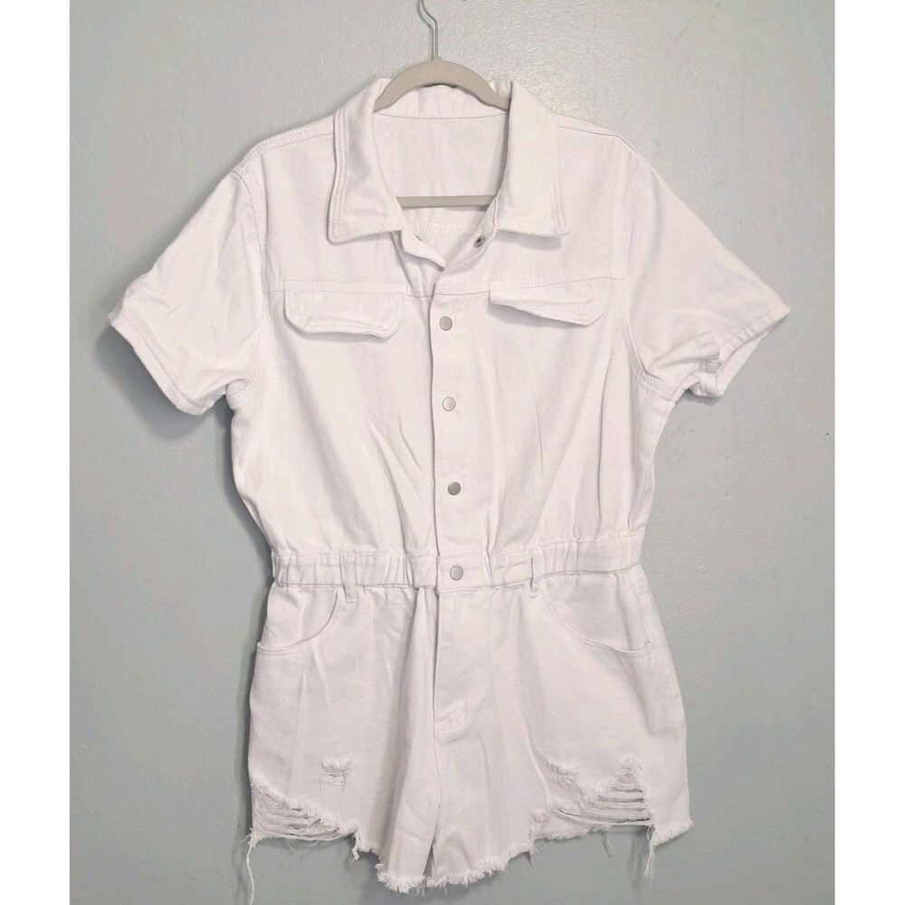 SHEIN Women’s XXL White Cotton Utility Romper Elastic Waist Short Sleeve